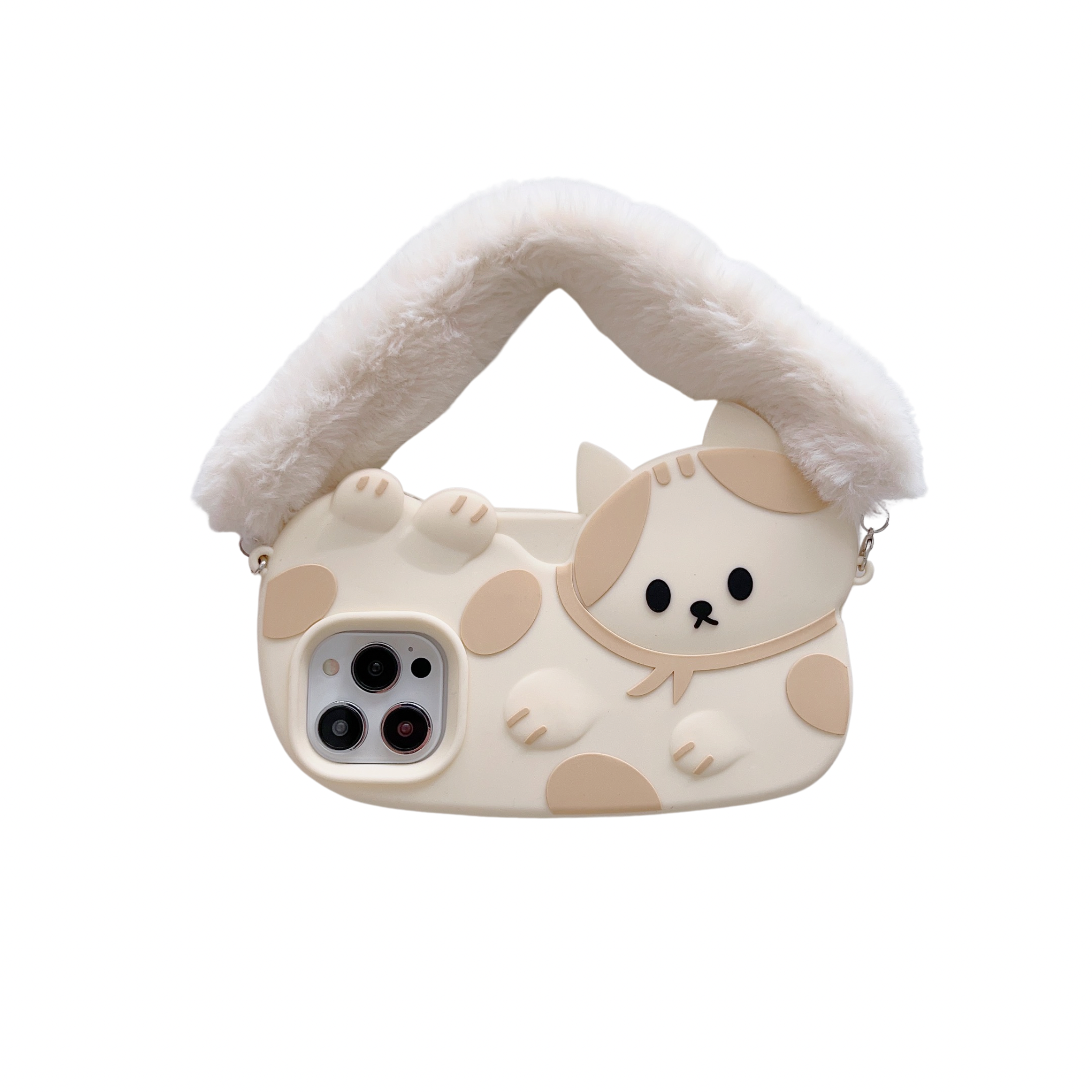 Cute Cat iPhone Case with Soft Fur Strap - Cream and Beige