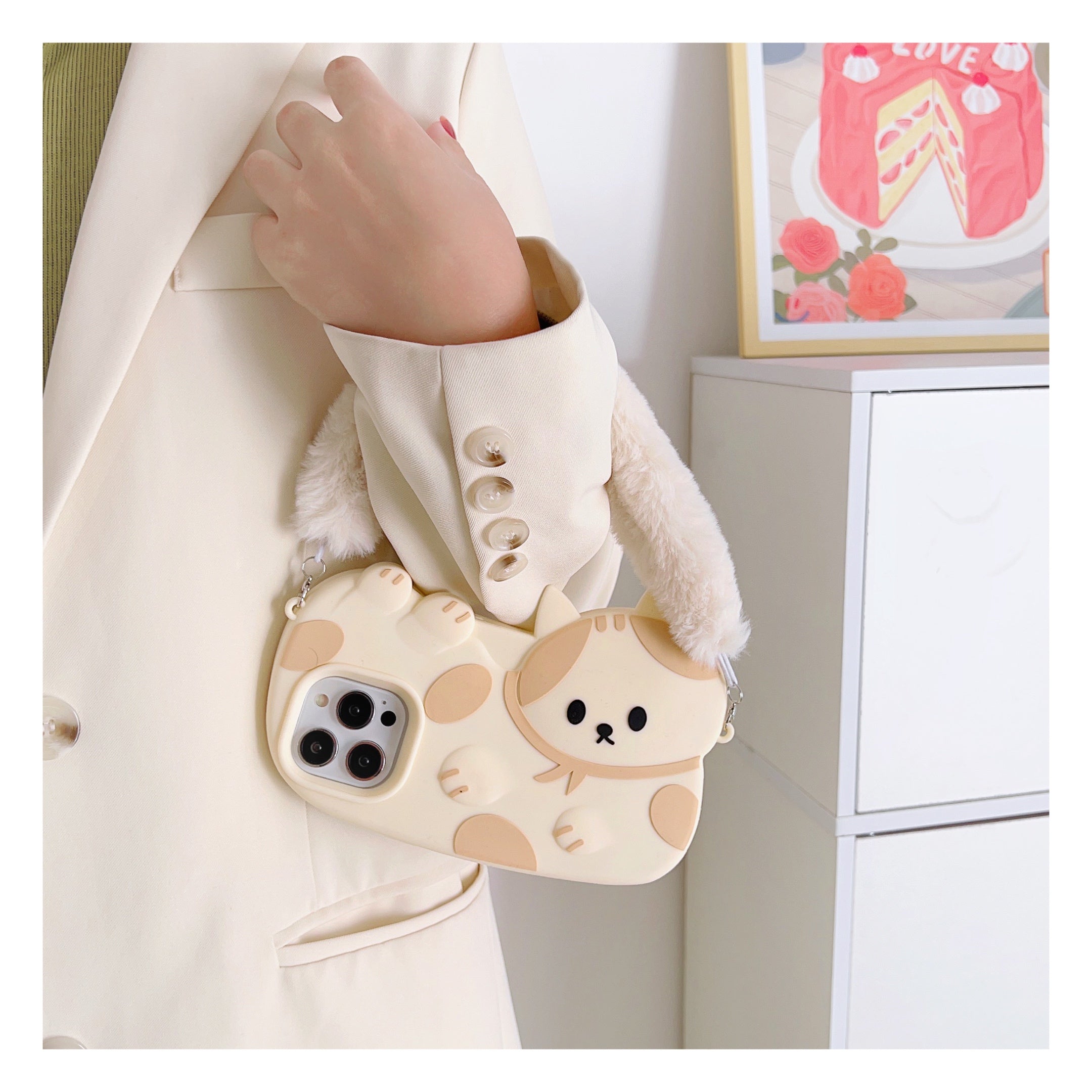 Cute Cat iPhone Case with Soft Fur Strap - Cream and Beige