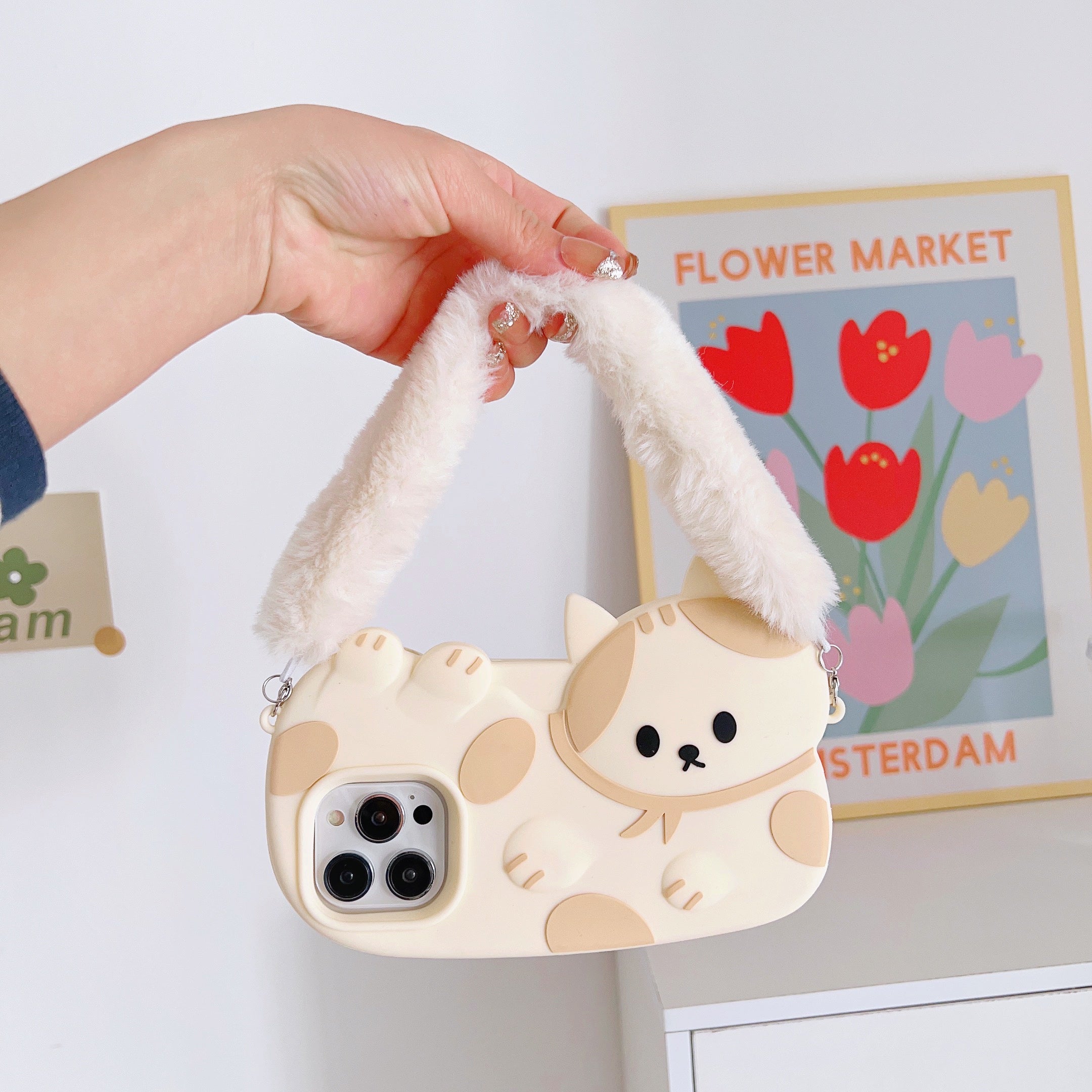 Cute Cat iPhone Case with Soft Fur Strap - Cream and Beige