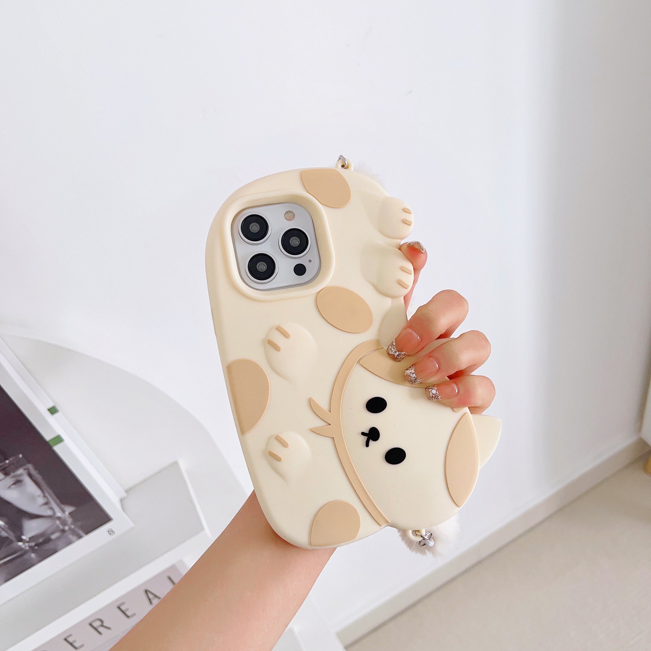 Cute Cat iPhone Case with Soft Fur Strap - Cream and Beige