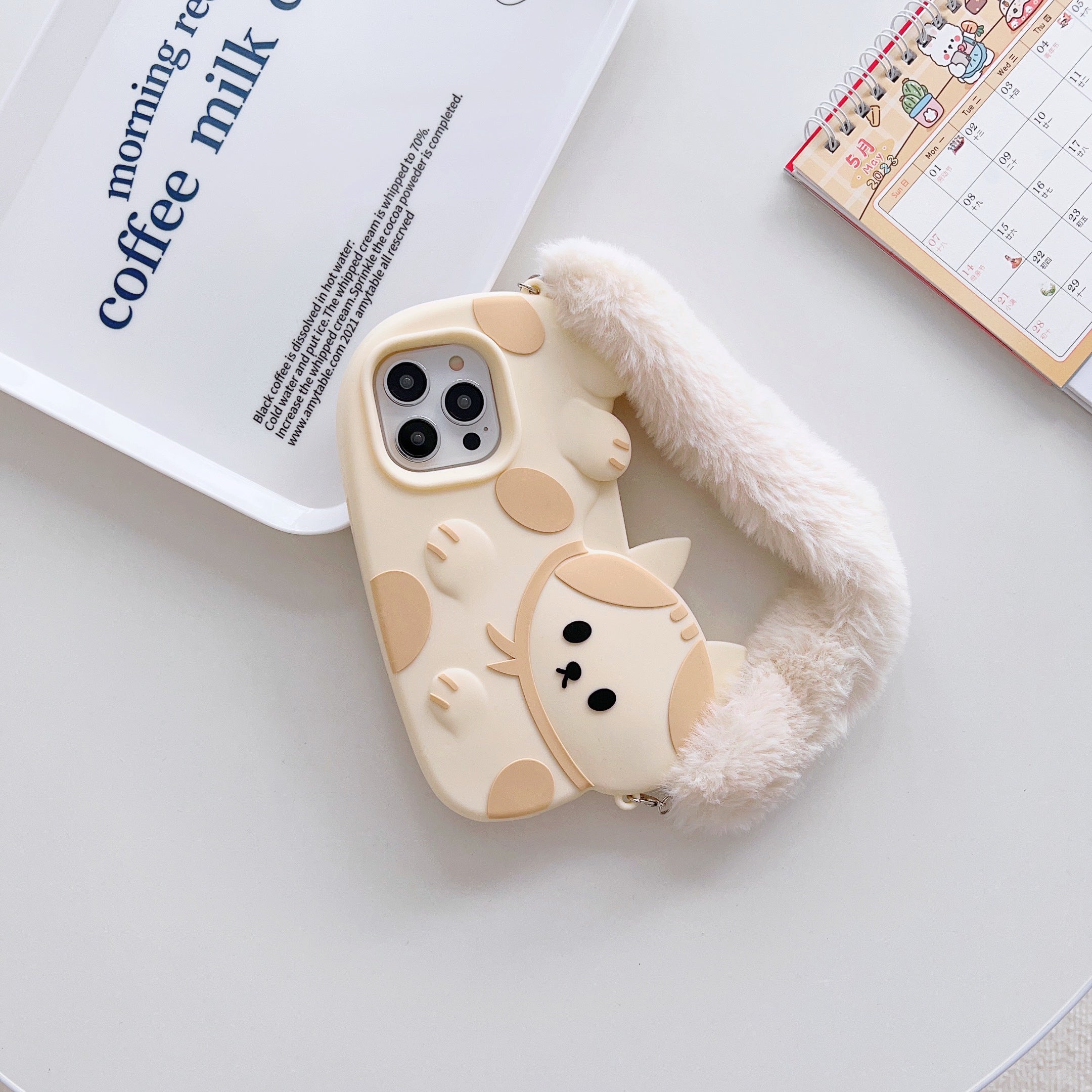 Cute Cat iPhone Case with Soft Fur Strap - Cream and Beige