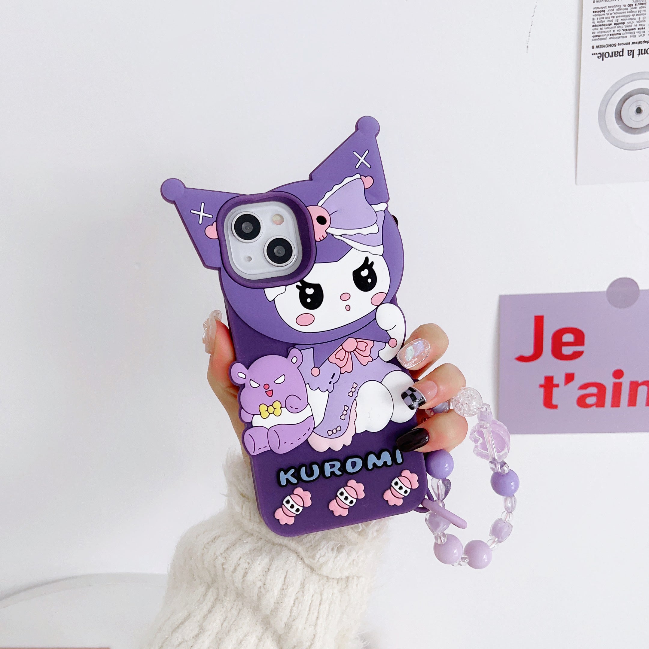 Cute Kuromi Cartoon iPhone Case with Beaded Strap - Purple