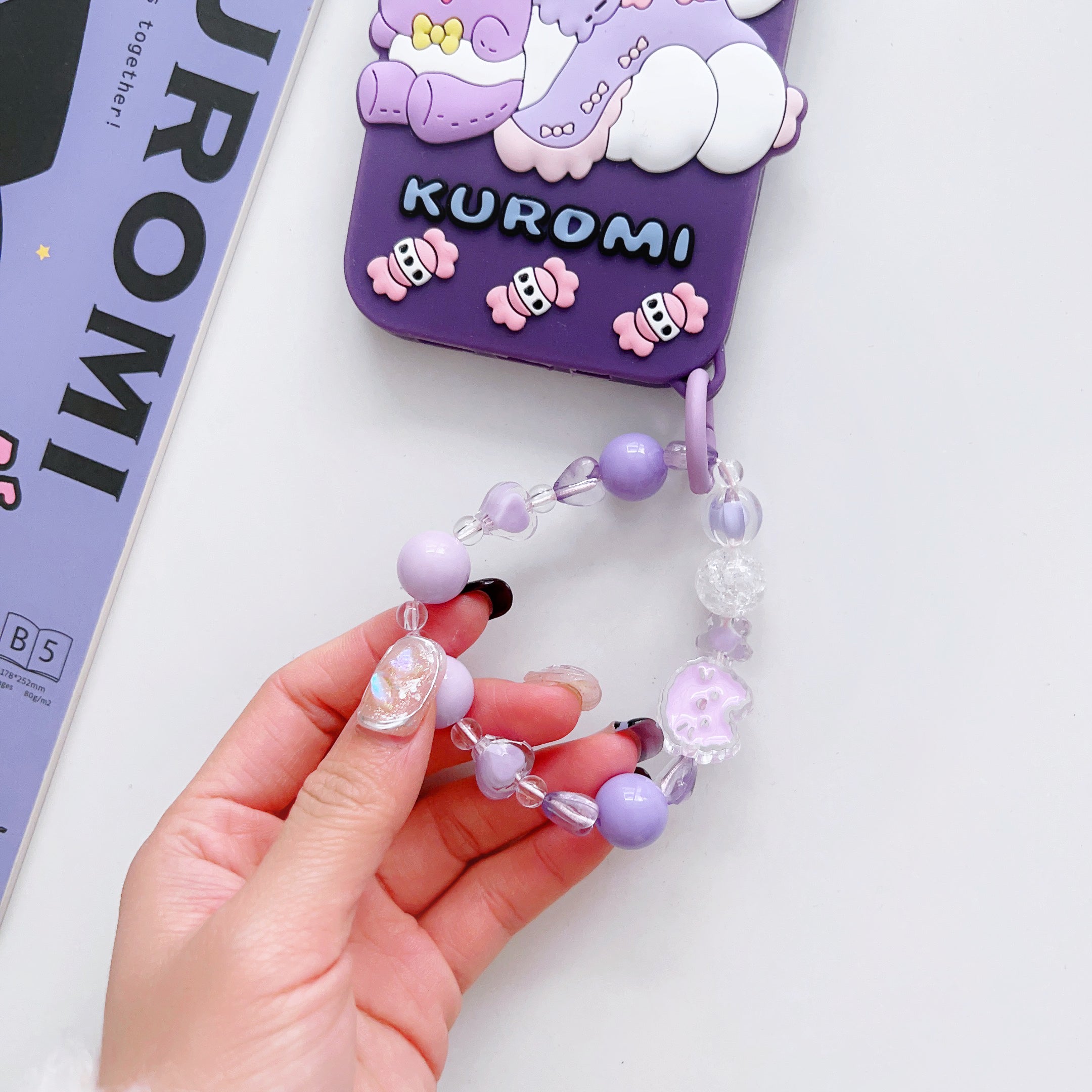 Cute Kuromi Cartoon iPhone Case with Beaded Strap - Purple