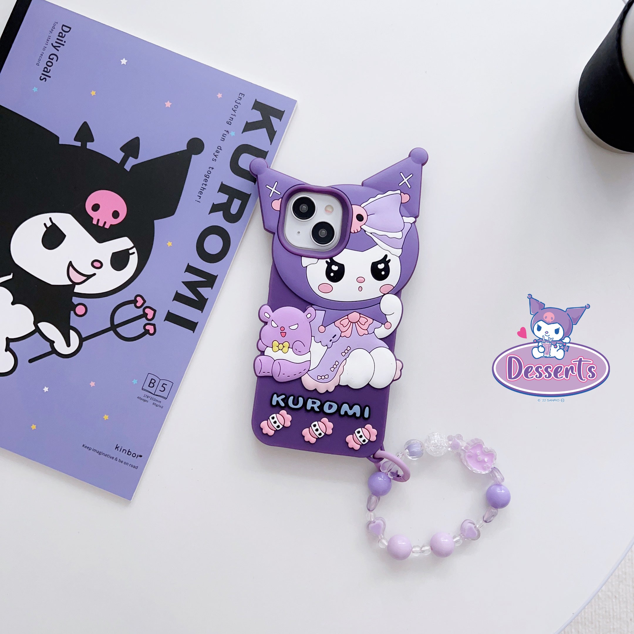 Cute Kuromi Cartoon iPhone Case with Beaded Strap - Purple