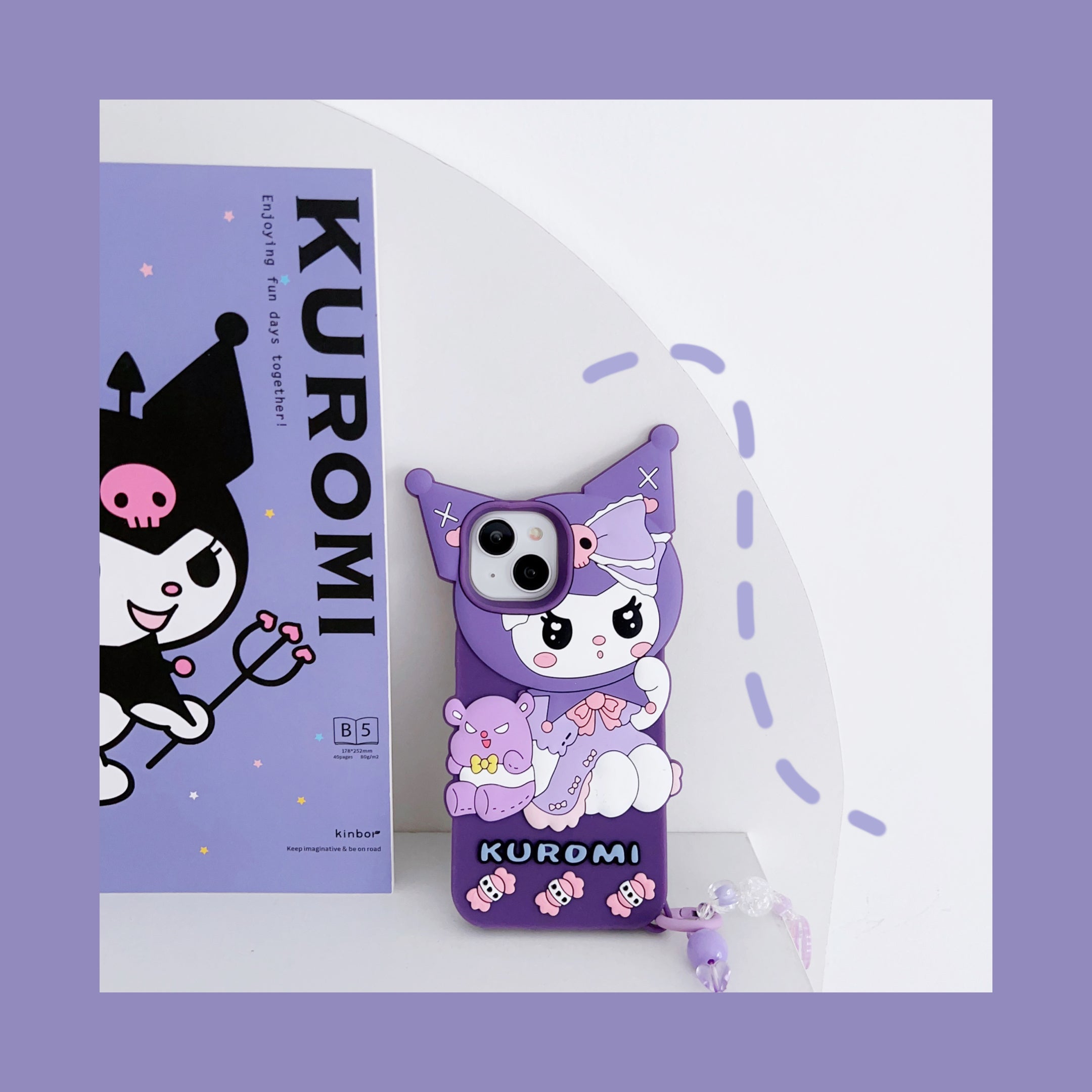 Cute Kuromi Cartoon iPhone Case with Beaded Strap - Purple