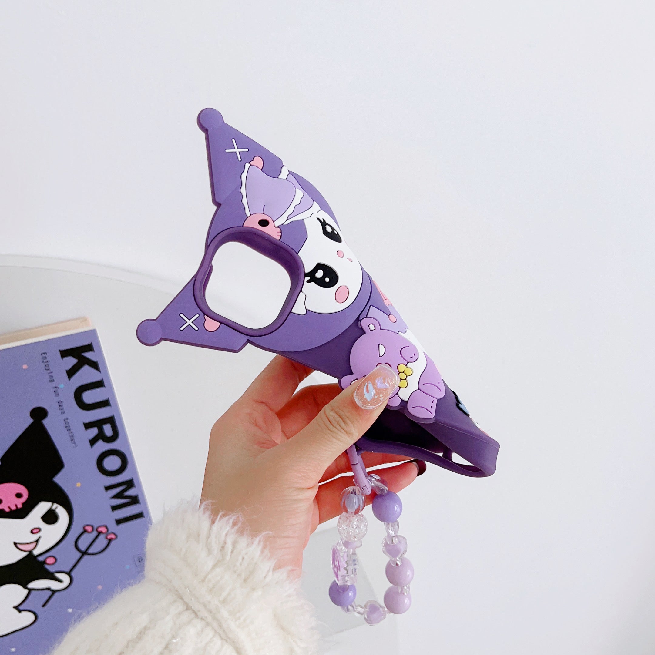 Cute Kuromi Cartoon iPhone Case with Beaded Strap - Purple