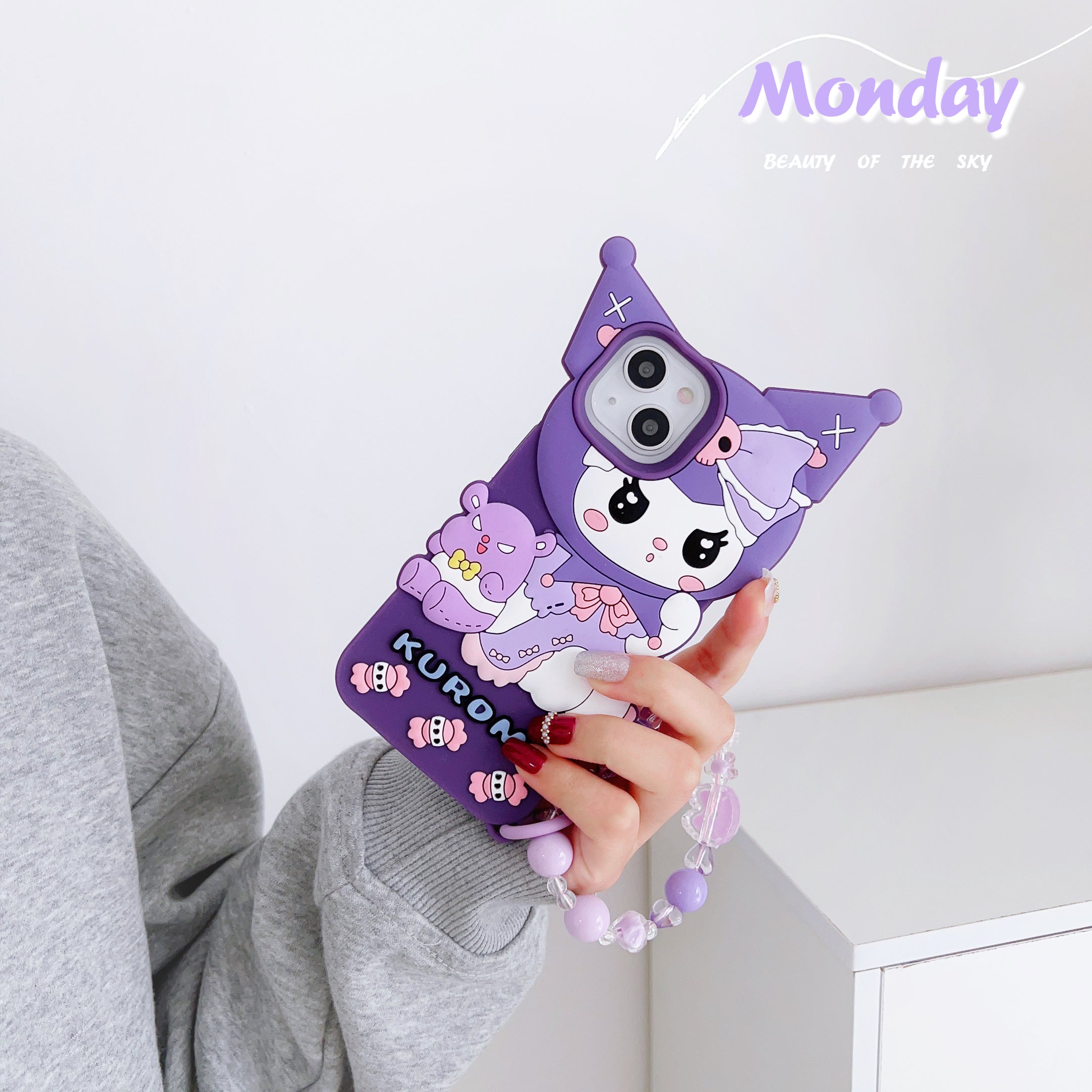 Cute Kuromi Cartoon iPhone Case with Beaded Strap - Purple