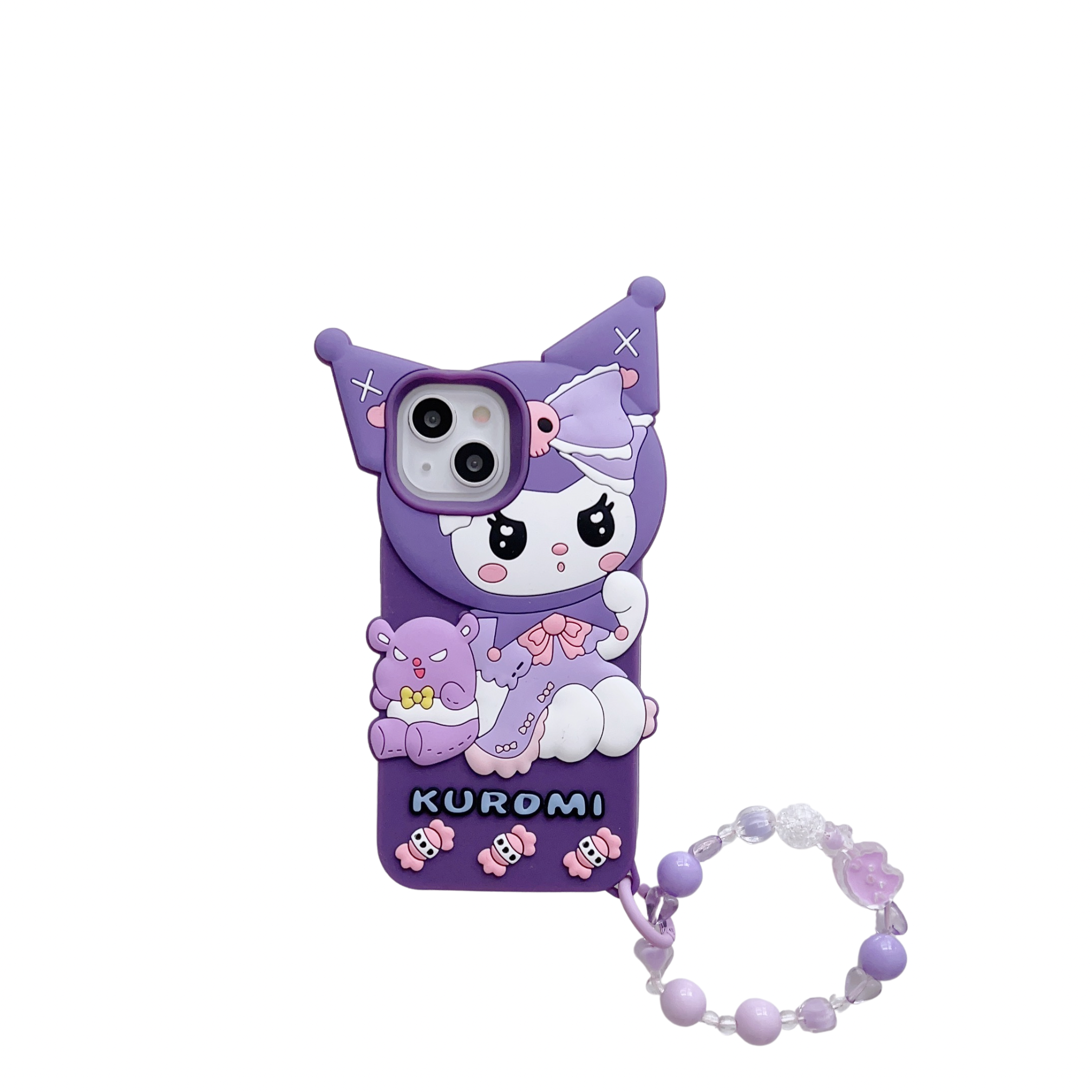 Cute Kuromi Cartoon iPhone Case with Beaded Strap - Purple