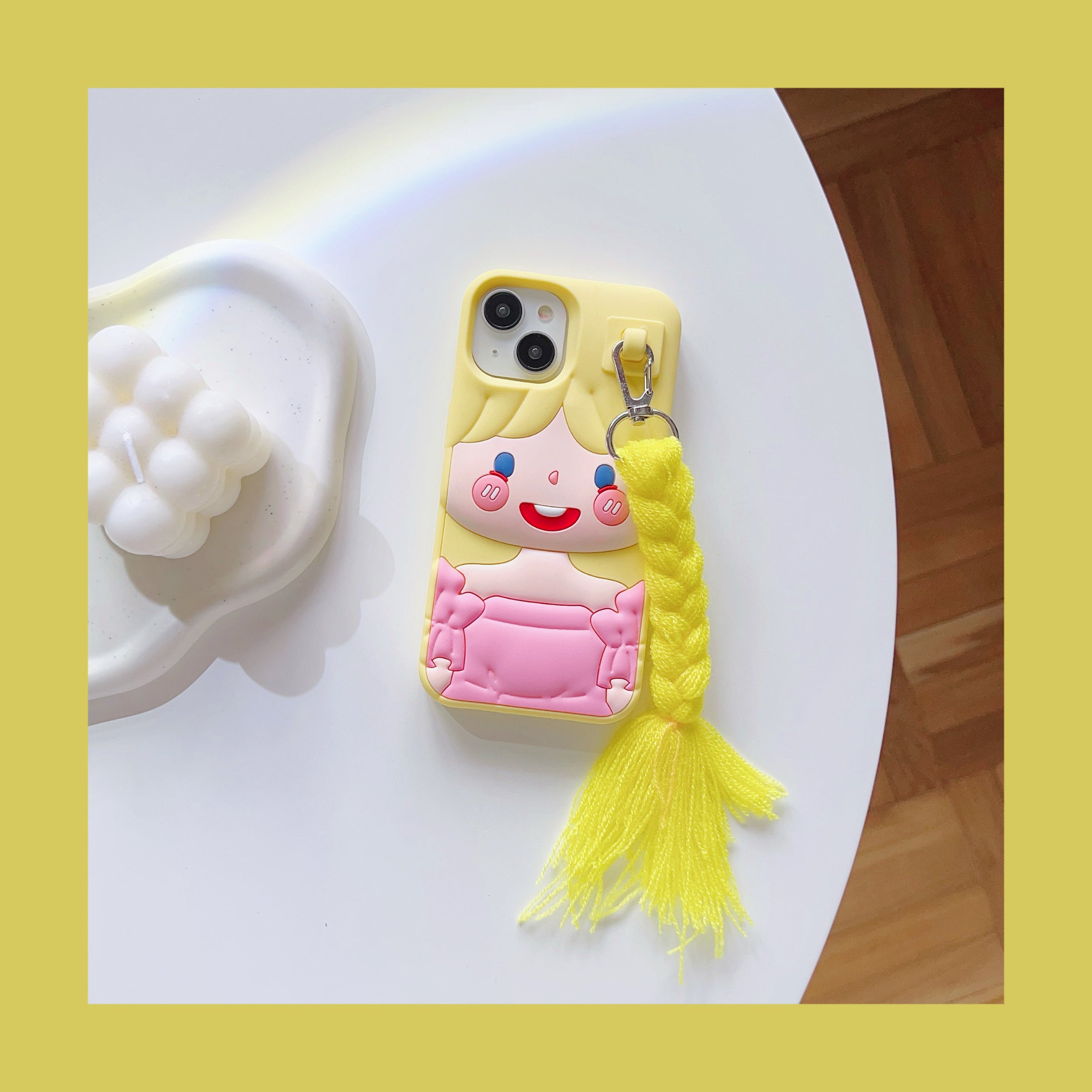 Fun Yellow Doll iPhone Case with Hair and Keychain Charm