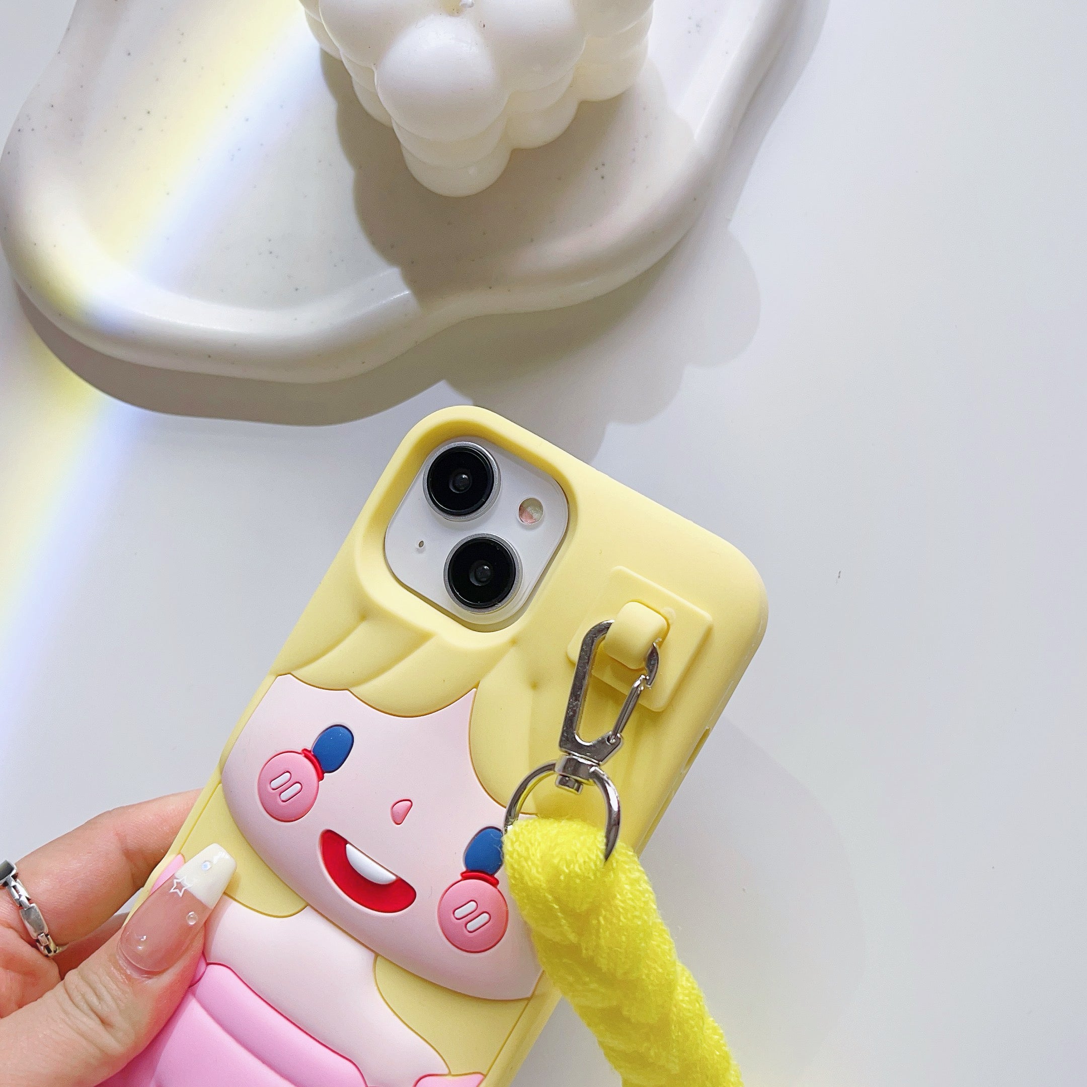 Fun Yellow Doll iPhone Case with Hair and Keychain Charm