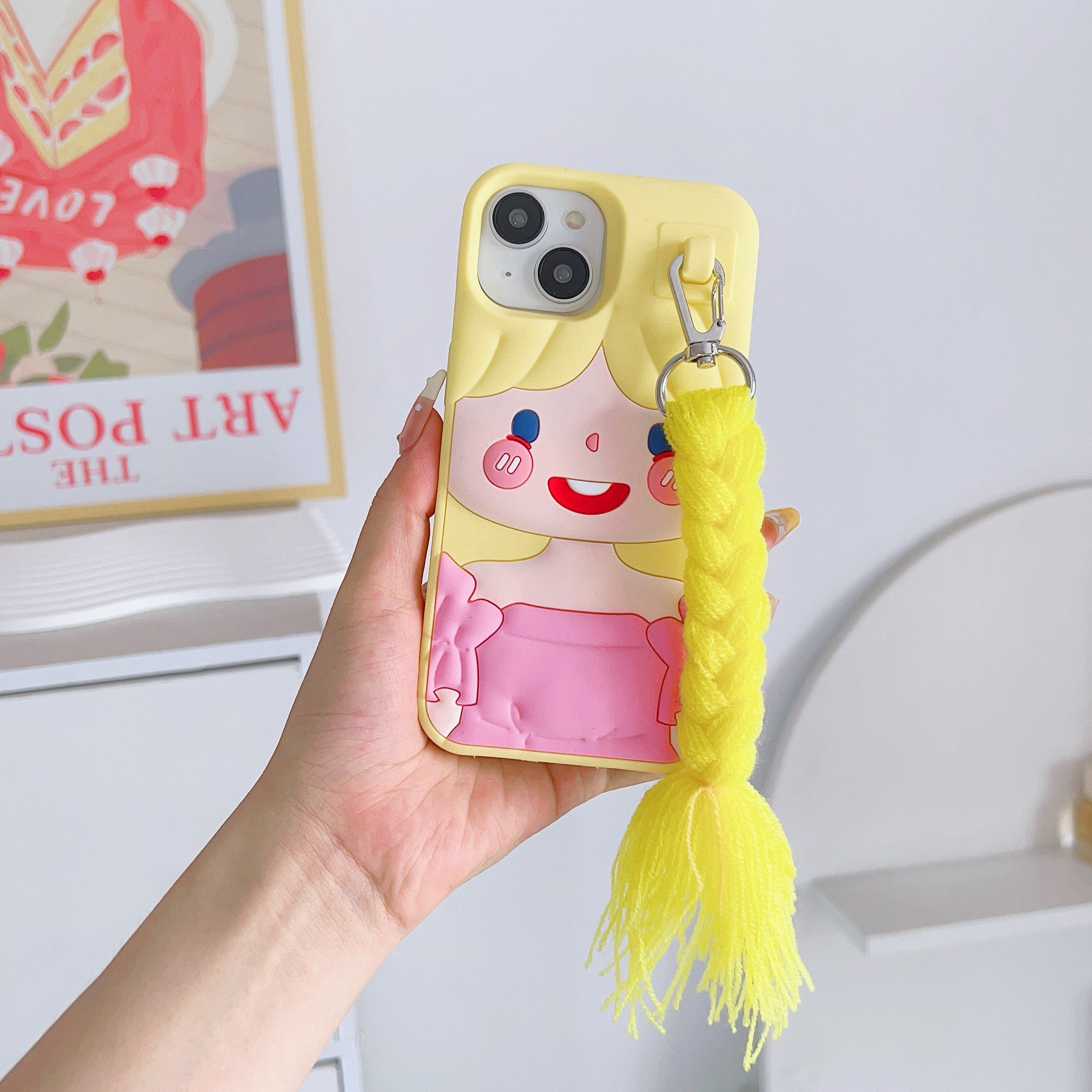 Fun Yellow Doll iPhone Case with Hair and Keychain Charm