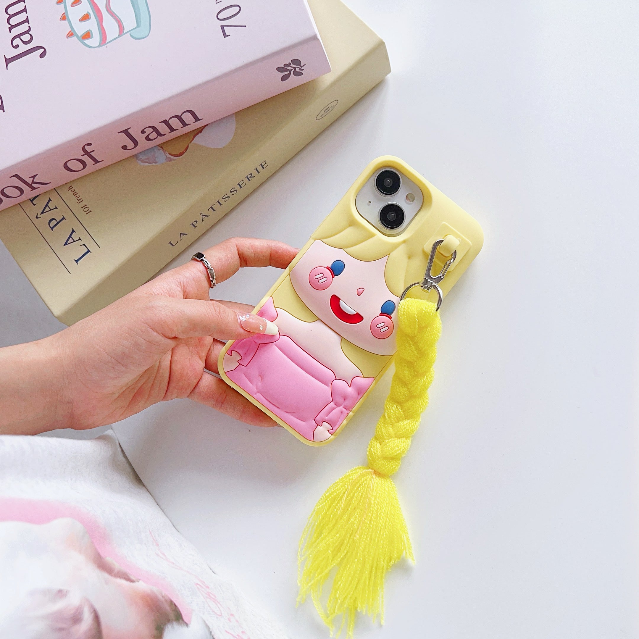 Fun Yellow Doll iPhone Case with Hair and Keychain Charm