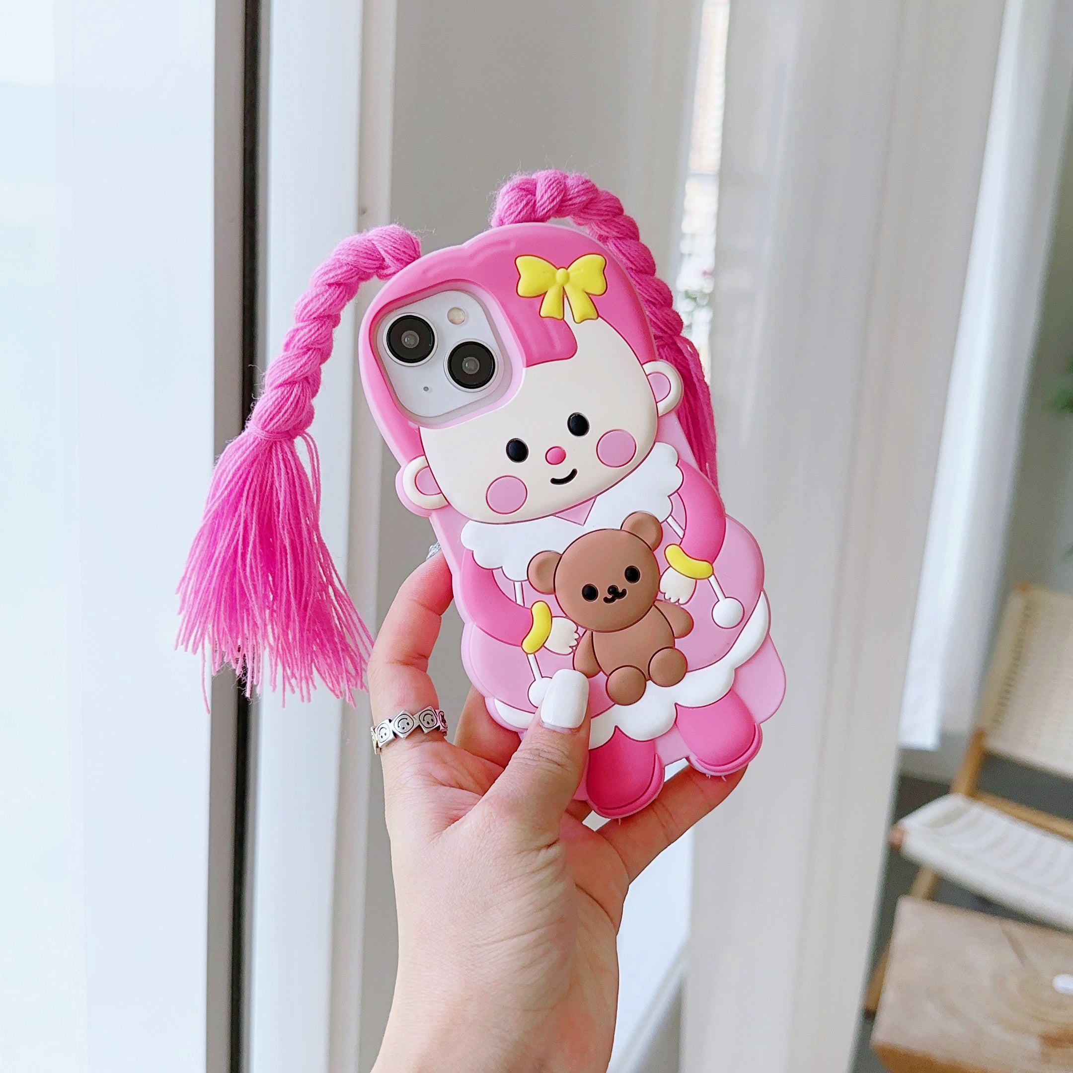 Cute Pink Doll iPhone Case with Realistic Hair - Perfect for Doll Lovers  Description: