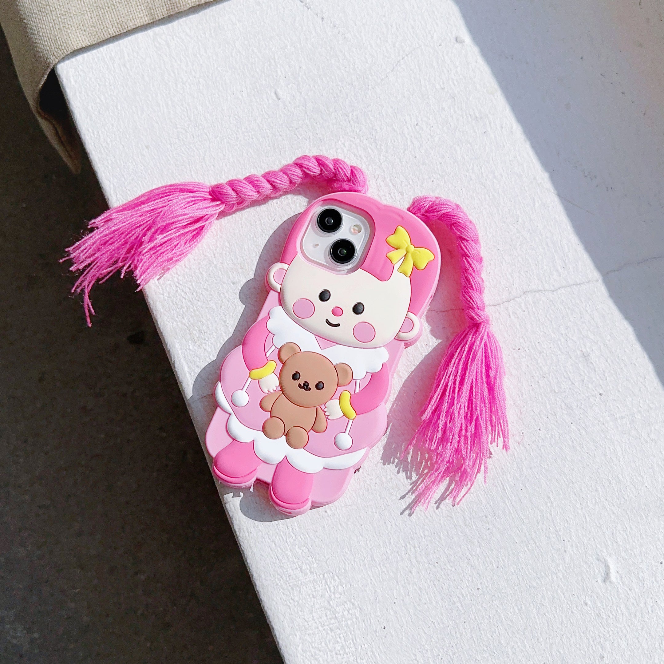 Cute Pink Doll iPhone Case with Realistic Hair - Perfect for Doll Lovers  Description: