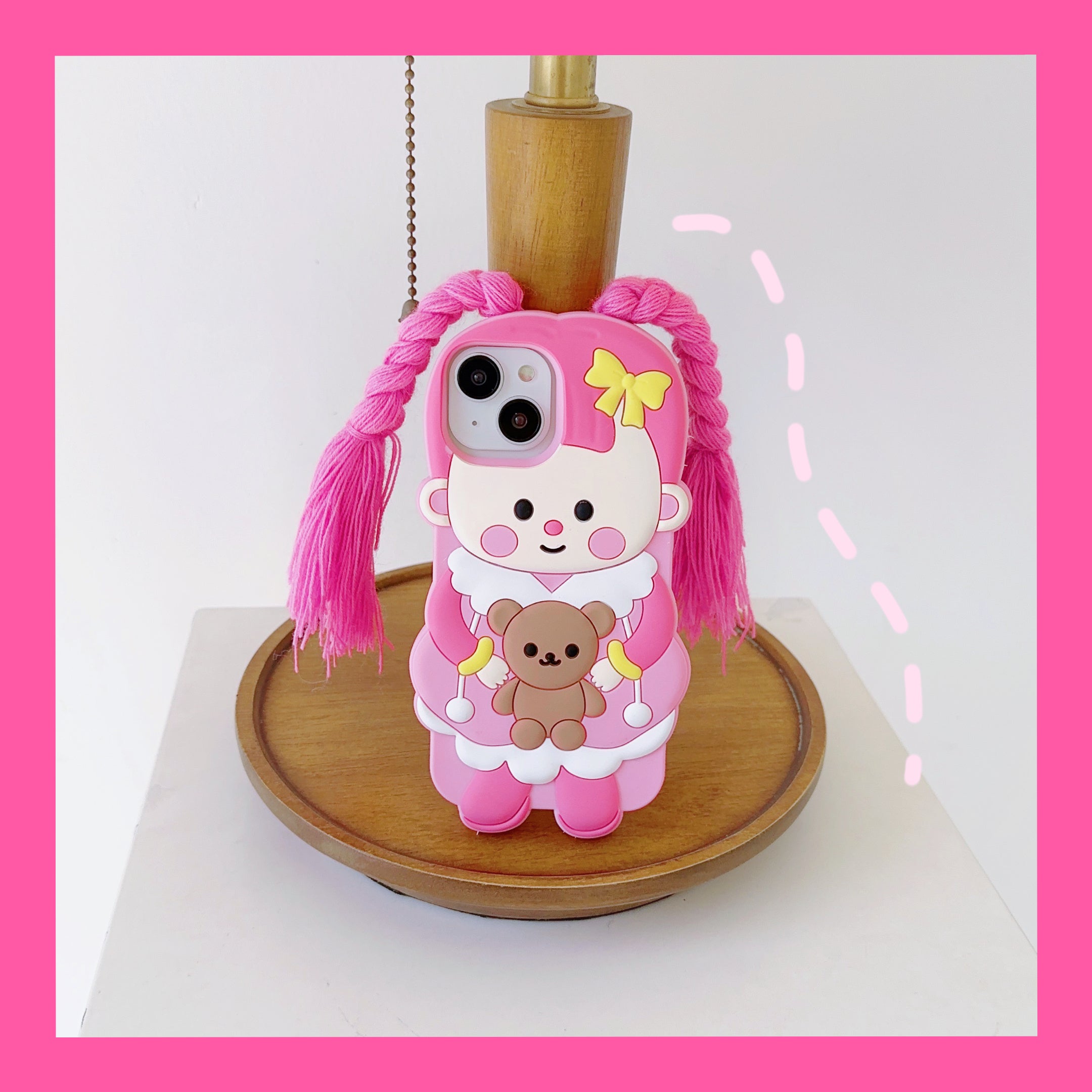 Cute Pink Doll iPhone Case with Realistic Hair - Perfect for Doll Lovers  Description: