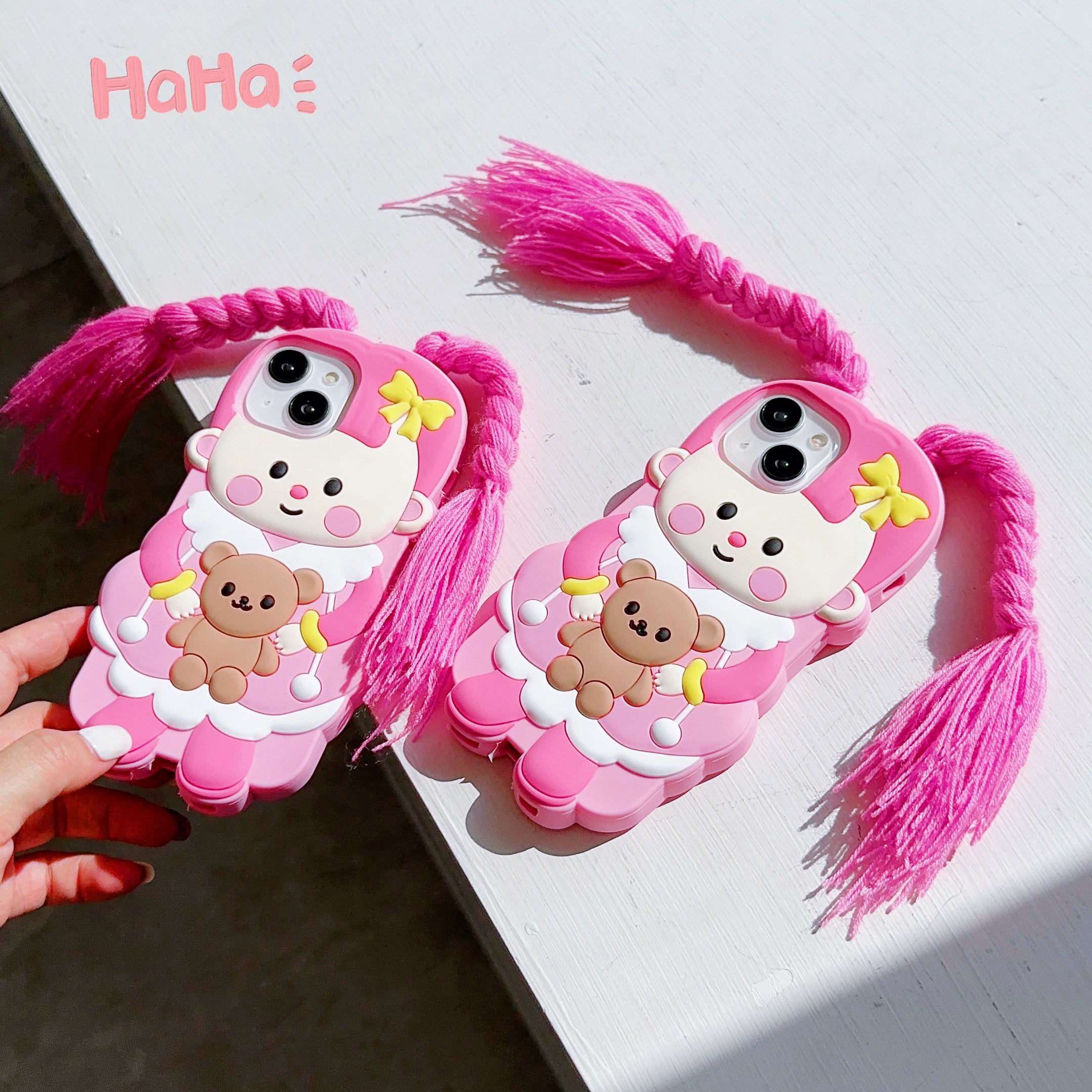 Cute Pink Doll iPhone Case with Realistic Hair - Perfect for Doll Lovers  Description: