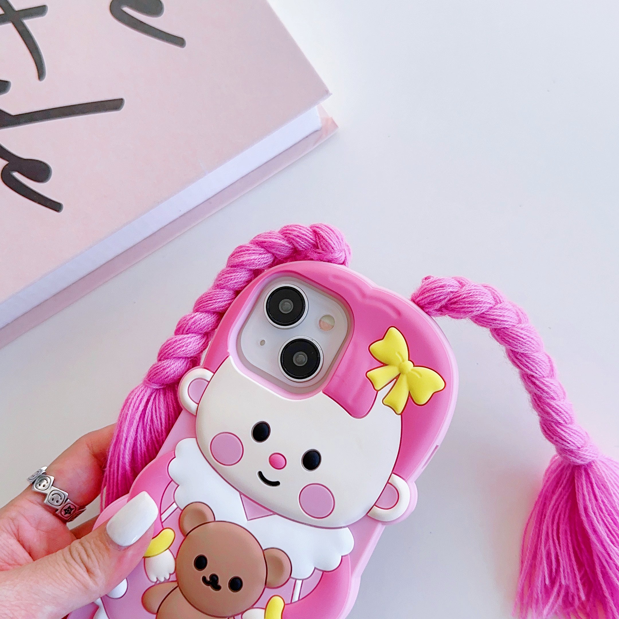 Cute Pink Doll iPhone Case with Realistic Hair - Perfect for Doll Lovers  Description: