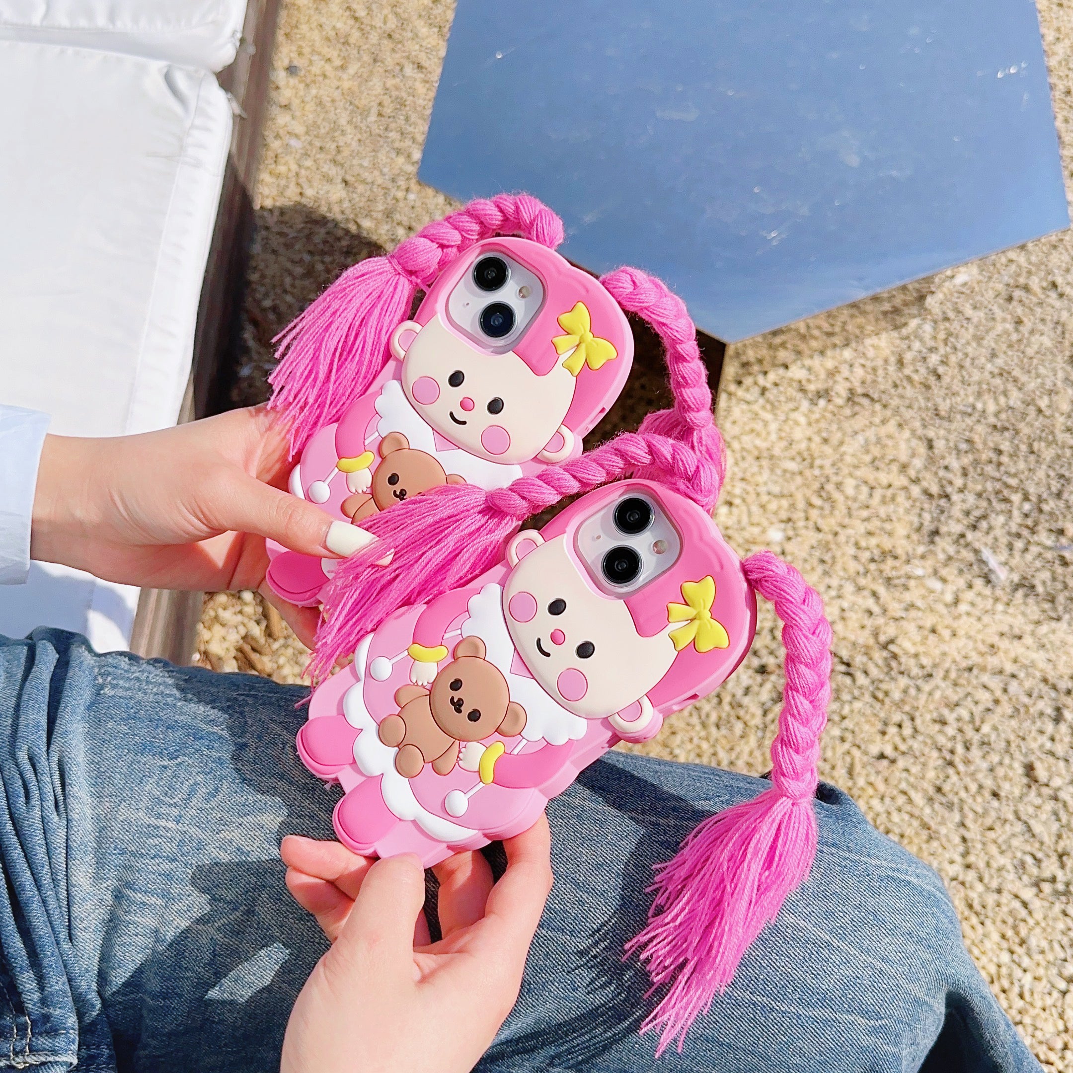 Cute Pink Doll iPhone Case with Realistic Hair - Perfect for Doll Lovers  Description: